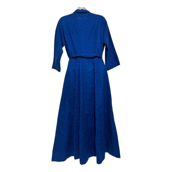 Vintage Lanz Blue Ditsy Floral Button-Down Dress S Scalloped Mary Poppins Style - Picture 2 of 16